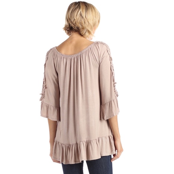 Crochet Sleeve Ruffled Peasant Top Sandy Beige - Picture 2 of 2